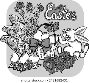 Easter bunny with basket, eggs, flowers, butterfly. Decorative vector design composition for poster print, greeting card, kids party invitation. Hand drawn illustration. Vintage cartoon style drawing.