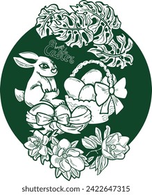 Easter bunny with basket, eggs, flowers, butterfly. Decorative vector design composition for poster print, greeting card, kids party invitation. Hand drawn illustration. Vintage cartoon style drawing.