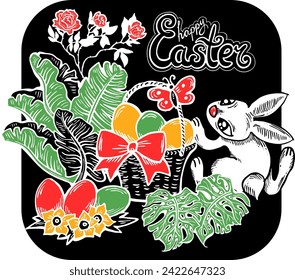 Osterhasen mit Korb, Eiern, Blumen, Schmetterling. Dekorative Vektordesign-Komposition für Plakatdruck, Grußkarte, Kinderparty Einladung. Handgezeichnete Illustration. Vintage Cartoon Stil Zeichnung.