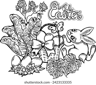Easter bunny with basket, eggs, flowers, butterfly. Decorative vector design composition for poster print, greeting card, kids party invitation. Hand drawn illustration. Vintage cartoon style drawing.