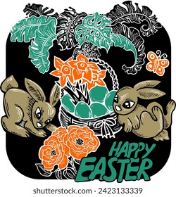 Easter bunny with basket, eggs, flowers, butterfly. Decorative vector design composition for poster print, greeting card, kids party invitation. Hand drawn illustration. Vintage cartoon style drawing.
