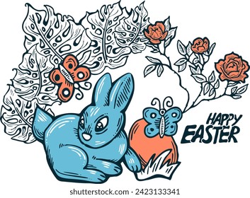 Easter bunny with basket, eggs, flowers, butterfly. Decorative vector design composition for poster print, greeting card, kids party invitation. Hand drawn illustration. Vintage cartoon style drawing.