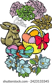 Easter bunny with basket, eggs, flowers, butterfly. Decorative vector design composition for poster print, greeting card, kids party invitation. Hand drawn illustration. Vintage cartoon style drawing.