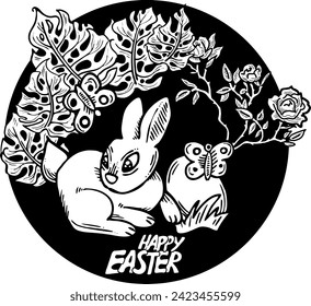 Easter bunny with basket, eggs, flowers, butterfly. Decorative vector design composition for poster print, greeting card, kids party invitation. Hand drawn illustration. Vintage cartoon style drawing.