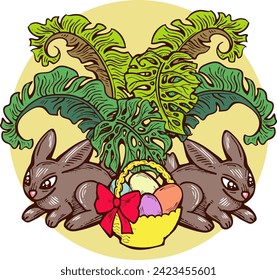 Easter bunny with basket, eggs, flowers, butterfly. Decorative vector design composition for poster print, greeting card, kids party invitation. Hand drawn illustration. Vintage cartoon style drawing.