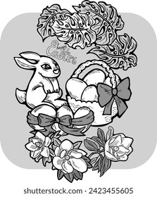 Easter bunny with basket, eggs, flowers, butterfly. Decorative vector design composition for poster print, greeting card, kids party invitation. Hand drawn illustration. Vintage cartoon style drawing.