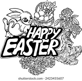 Easter bunny with basket, eggs, flowers, butterfly. Decorative vector design composition for poster print, greeting card, kids party invitation. Hand drawn illustration. Vintage cartoon style drawing.