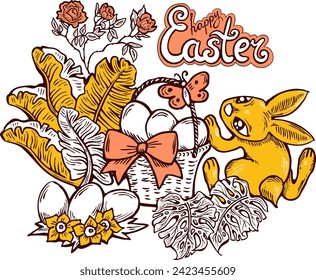 Easter bunny with basket, eggs, flowers, butterfly. Decorative vector design composition for poster print, greeting card, kids party invitation. Hand drawn illustration. Vintage cartoon style drawing.