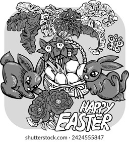 Easter bunny with basket, eggs, flowers, butterfly. Decorative vector design composition for poster print, greeting card, kids party invitation. Hand drawn illustration. Vintage cartoon style drawing.