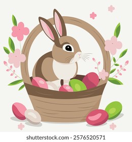 Easter bunny in the basket with eggs and flowers