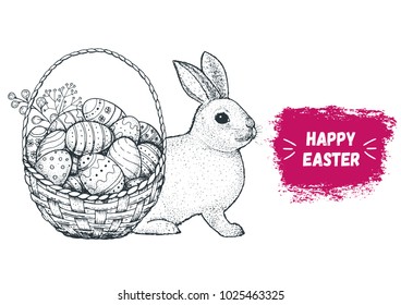 Easter bunny and basket with Easter eggs hand drawn sketch. Vintage vector illustration.