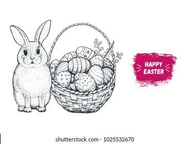 Easter bunny and basket with Easter eggs hand drawn sketch. Vintage vector illustration.