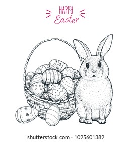Easter bunny and basket with Easter eggs hand drawn sketch. Vintage vector illustration.