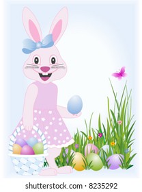 Easter bunny with basket and Easter eggs hidden in the grass - vector