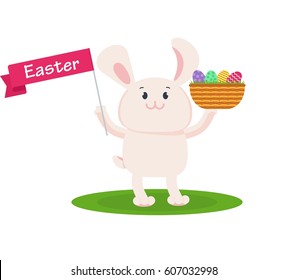 Easter bunny with basket with eggs, holds bright flag in paw and smiles happily. Easter cards, decor, congratulations. Flat vector cartoon illustration. Objects isolated on a white background.