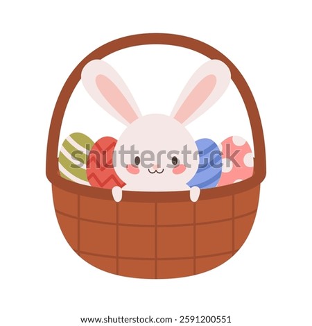Easter bunny in basket with Easter eggs. Holiday banner in flat style