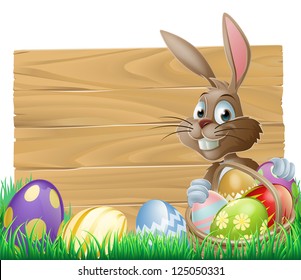 The Easter bunny and basket Easter eggs and more Easter eggs around him by wood sign board