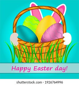 Easter Bunny with a basket of eggs on a blue background