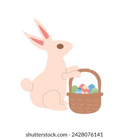 Easter bunny with basket of eggs. Rabbit with spring holiday symbol. Vector flat illustration.