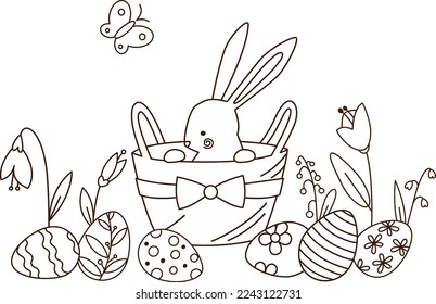 Easter bunny in a basket, eggs and spring flowers outline doodle black and white vector illustration for coloring pages or Easter cards design.