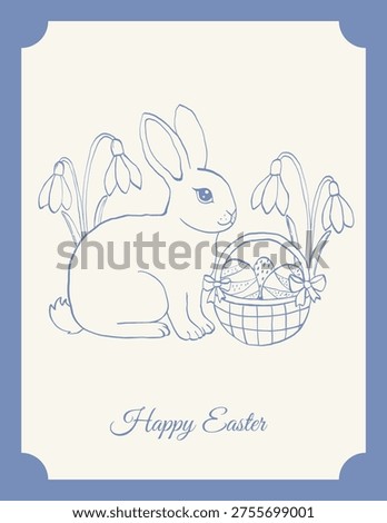 Easter bunny with basket of eggs and spring flowers greeting card