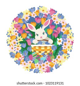 Easter Bunny with a basket of eggs in tulips, crocuses and daffodils. Vector image round shape with a frame of flowers.