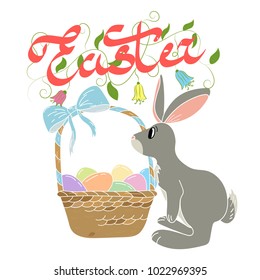 Easter bunny and basket with eggs. vector illustration