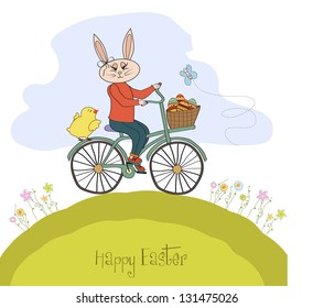 Easter bunny with a basket of Easter eggs, vector illustration
