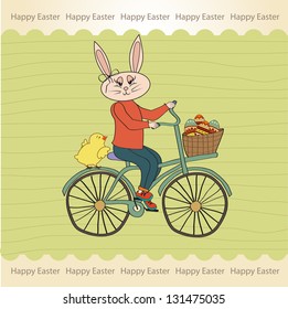 Easter bunny with a basket of Easter eggs, vector illustration