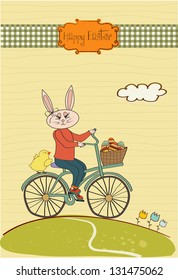 Easter bunny with a basket of Easter eggs, vector illustration