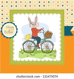 Easter bunny with a basket of Easter eggs, vector illustration