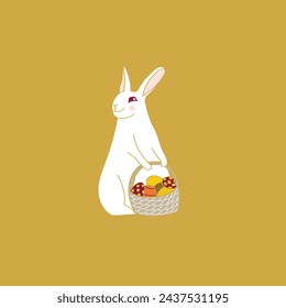 Easter bunny with a basket of eggs. Vector illustration for Easter holiday for greeting cards, posters, flyers.