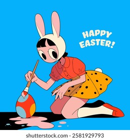 Easter bunny with basket of eggs. Vector illustration in cartoon style.