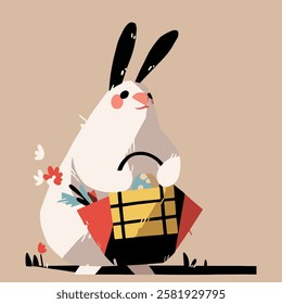 Easter bunny with basket of eggs. Vector illustration in cartoon style.