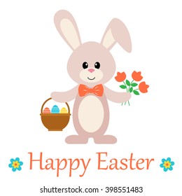 easter bunny with basket and flower and text