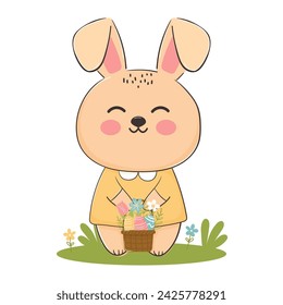 Easter bunny with a basket of flowers and Easter eggs on the meadow