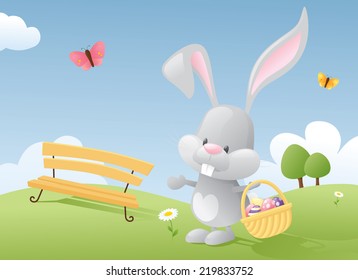 Easter Bunny with a basket full of colorful eggs on a beautiful spring day.