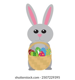Easter bunny with a basket full of colorful eggs. Vector illustration isolated on white background.