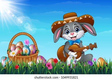 Easter bunny with a basket full of decorated Easter eggs in a field. Cartoon rabbit playing guitar in the garden with wearing a sombrero