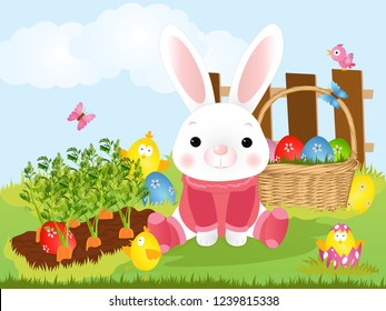 Easter bunny with Easter basket full of decorated Easter eggs in a grass. Vector illustration. Isolated on a white background.