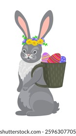 Easter bunny with a basket full of Easter eggs colorful vector illustration, isolated on white background, decorative element for greeting card, banner, traditional Easter symbol.