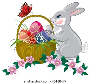 Easter bunny with a basket full of eggs.