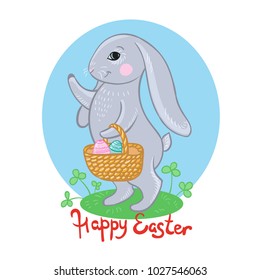The Easter bunny with a basket full of painted Easter eggs