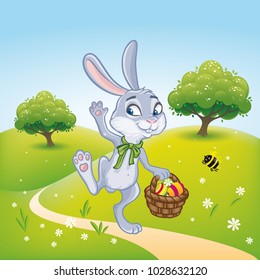 The Easter bunny with a basket full of painted Easter eggs
