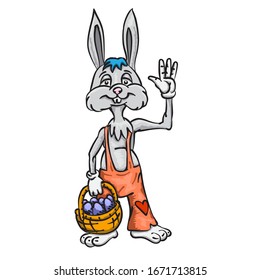 The Easter bunny with a basket full of painted Easter eggs on a white isolated background. Vector image eps 10