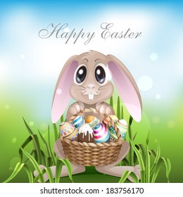 The Easter Bunny With A Basket Full Of Painted Easter Eggs. Vector Illustration. Eps 10.