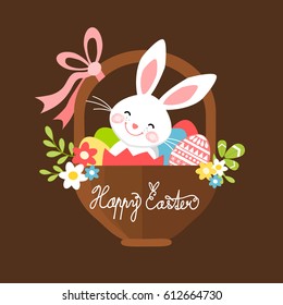 Easter bunny in a basket, Easter greeting card, vector illustration