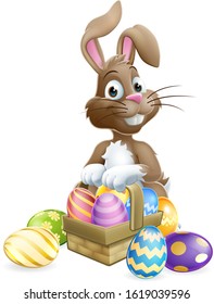 The Easter Bunny with a basket hamper full of Easter eggs cartoon

