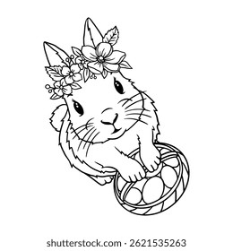 Easter bunny with basket, handdrawn vector illustration