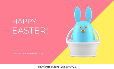Easter bunny in basket happy holiday congratulations 3d banner design template realistic vector illustration. Rabbit in bucket festive toy bauble traditional spring Christianity celebration element